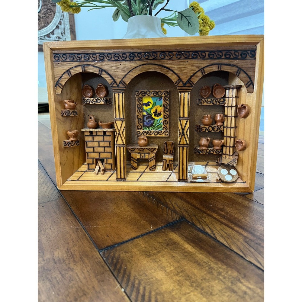 Unbranded 3D Wooden Shadow Box Kitchen Scene Medium Brown Excellent Folk Art
